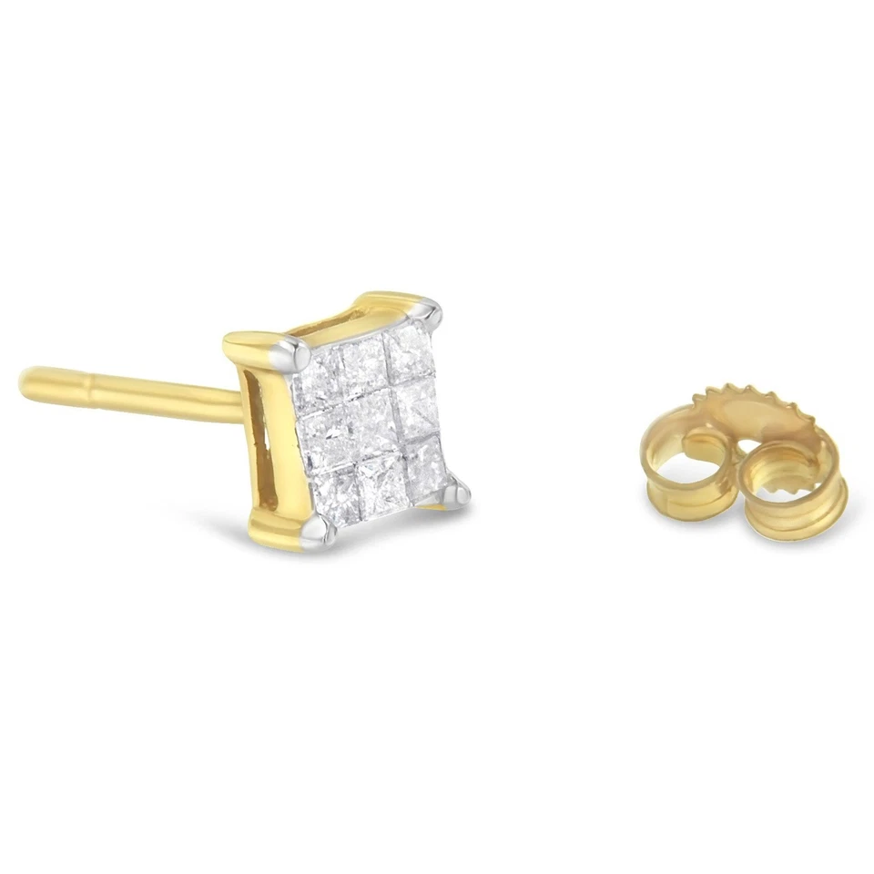 14K Yellow Gold 1/2 Cttw Invisible Set Princess Diamond 9 Stone Square Earrings - Image 4 of 4