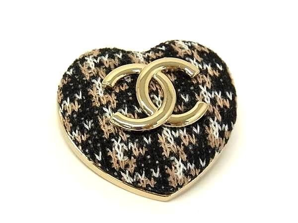 CHANEL B22 Black Tweed Heart Pin Brooch with Coco Mark 418497