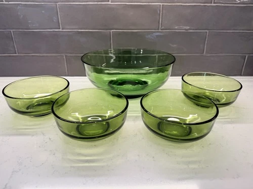 Vintage Anchor Hocking Green Depression Glass Salad Bowl Set – 9.25” + 5”