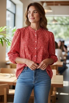 SHEIN Curve 2XL Red Floral Button Front Blouse Women Plus 3/4 Sleeve Boho Top