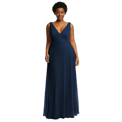 After Six Deep V-Neck Chiffon Maxi Dress Evening Gown Midnight Navy 16 NWT