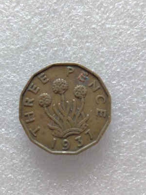 1937 Great Britain Three Pence Coin, FREE SHIPPING