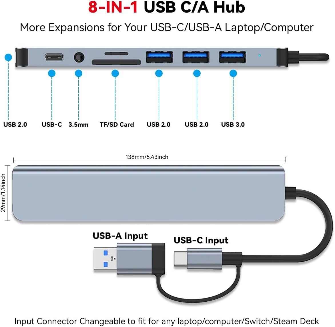 Concentrador USB 3.0 elegante con lector de tarjetas SD: adaptador multipuerto de 8 puertos para Mac y PC, imagen 4