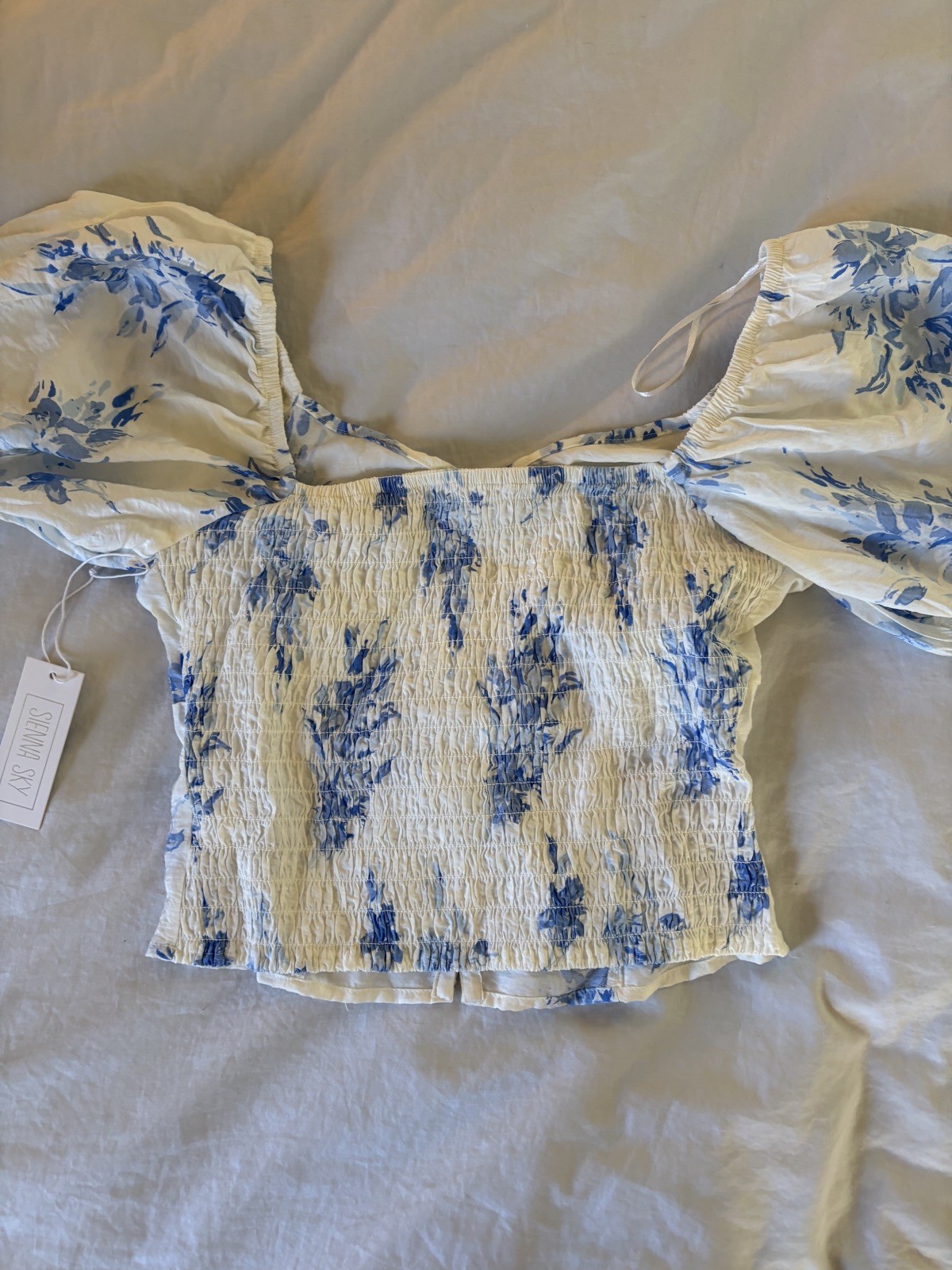 NWT Sienna Sky Baby Doll Blouse Blue White Floral Smocked hook eye closure XL