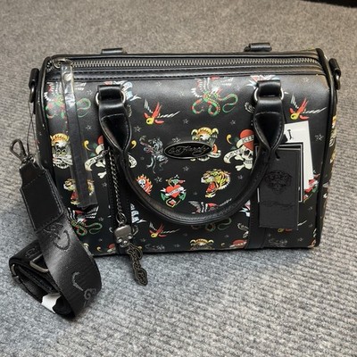 Ed Hardy Y2K Satchel Crossbody Purse Bag Heart Skull Charms Black Red NEW