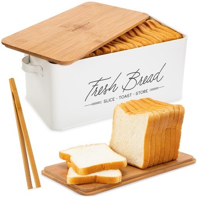 Countertop Bread Box - White Metal, Airtight Storage Container with Wood Cutt...