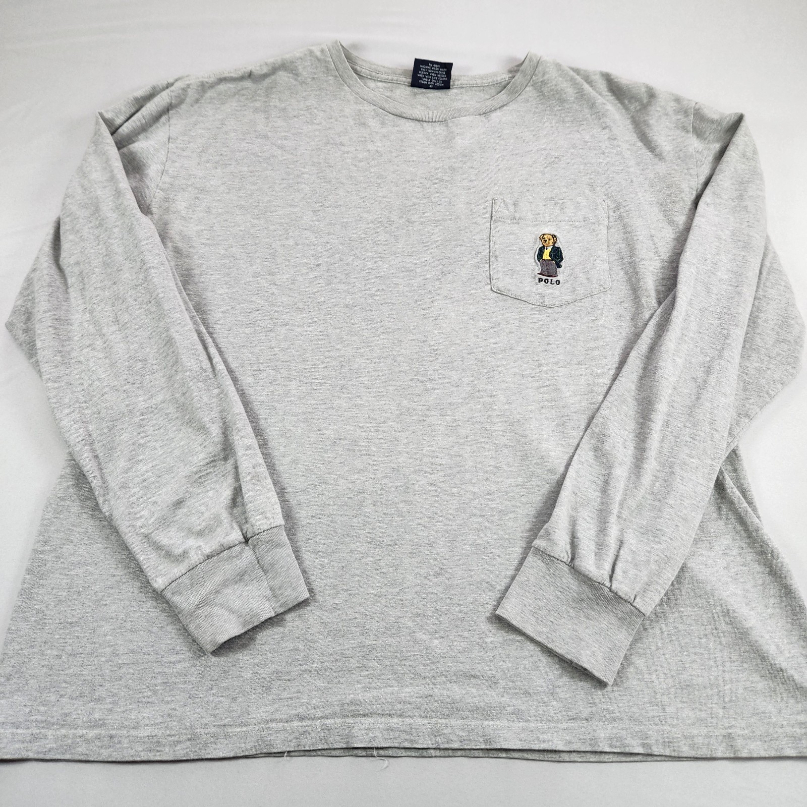 Vintage Ralph Lauren Polo Bear Long Sleeve Pocket T-Shirt Medium Light Gray