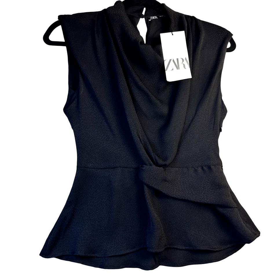 NWT Zara Womens Black Leopard Top Sz XS Cowl Neck Draped Knot-Front Whimsy