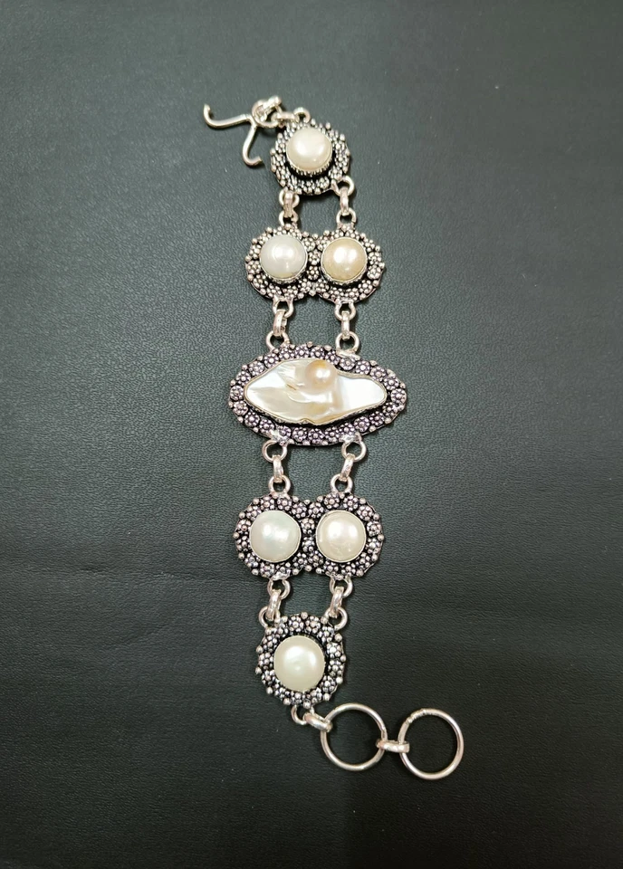 Hermosa Pulsera Madreperla Gema Plata de Ley Pulsera Regalo Ajustable Foto 4 de 4