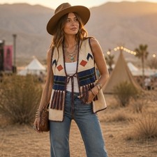Vintage 70s Collage Leather Fringe Vest Front Tie Western Boho Made in Korea M