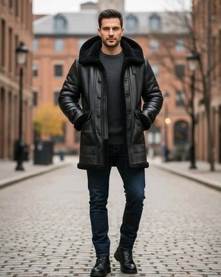 Men's Genuine Sheepskin Long Coat Fur Lined Leather Shearling Jacket XS S M L XL