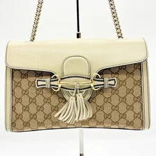 GUCCI Horsebit Shoulder Bag Purse Chain GG Leather Canvas Brown Ivory Auth