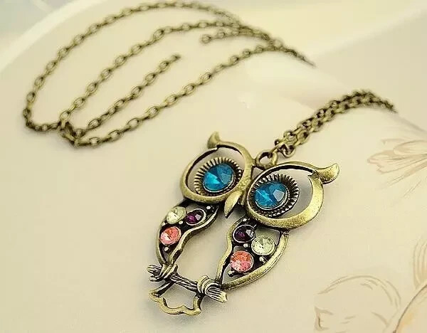 Vintage Rhinestone Crystal Owl Pendant Long Chain Necklace for Women