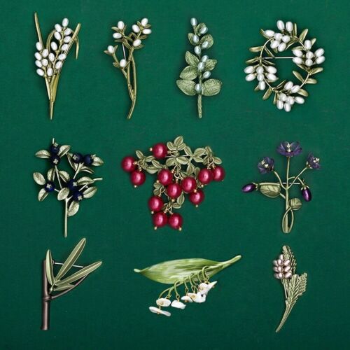 Broches élégantes femmes en émail perle épingles vintage série de plantes insignes corsage  - Photo 1/34