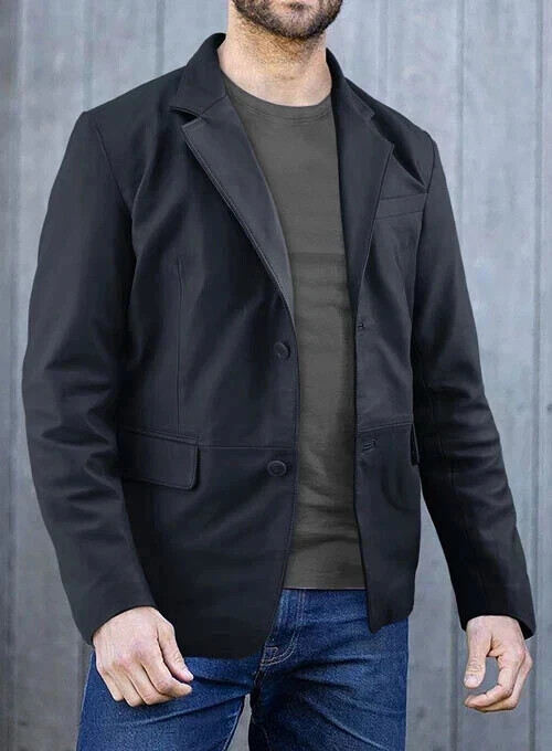 Men's  Formal Office Stylish Blazer Navy Blue Handmade Genuine Leather Lambskin