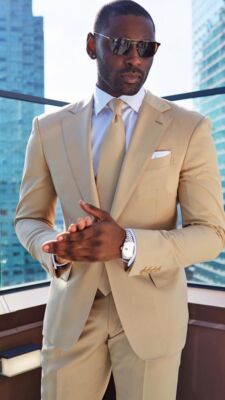 Men Suit Beige Formal Business Leisure Groom Tuxedos Wedding Party