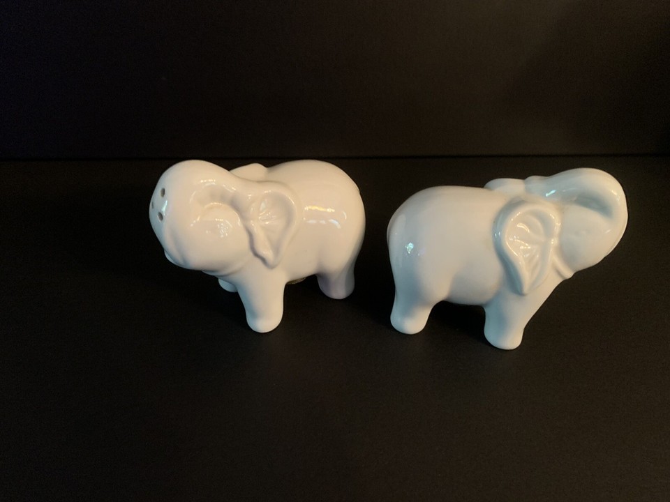 Ceramic White Elephant Salt And Pepper Shakers With Trunks Up For Luck