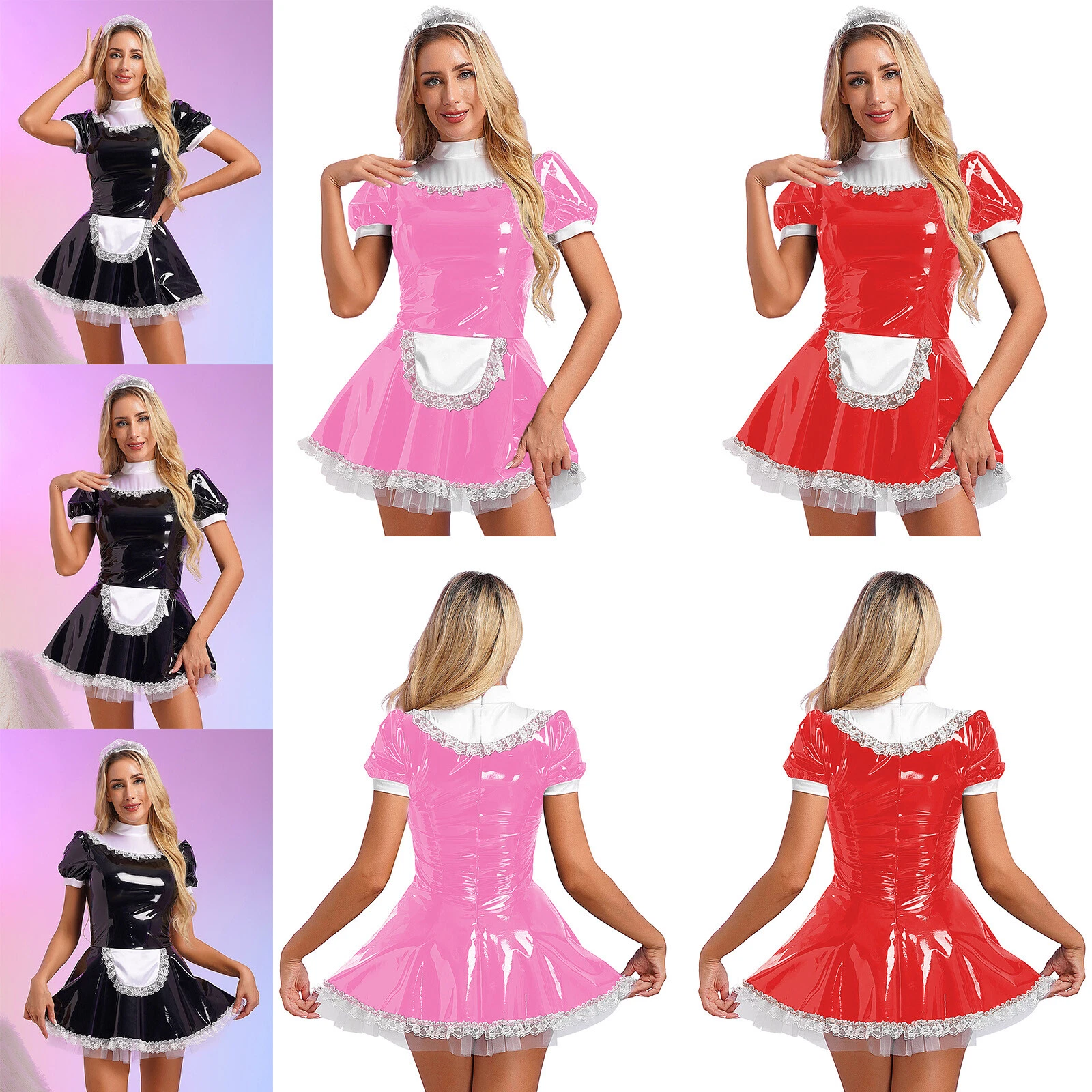 VALENTINO Abito donna grembiule da cameriera pelle pu costume cosplay Halloween set lingerie