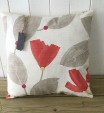 CUSHION COVER CORAL RED GINKO POPPY POD FLORAL FLOWER COUNTRY BOTANICA SEED HEAD
