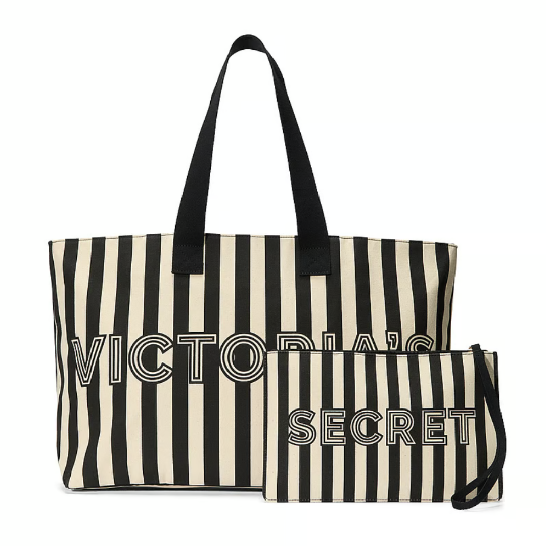 Victoria's Secret Striped Tote Bag with Wristlet Pouch Set