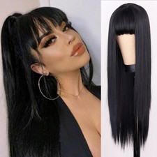 Black Cosplay wig with Bangs Heat resistant hair Synthetic Long Straight wig