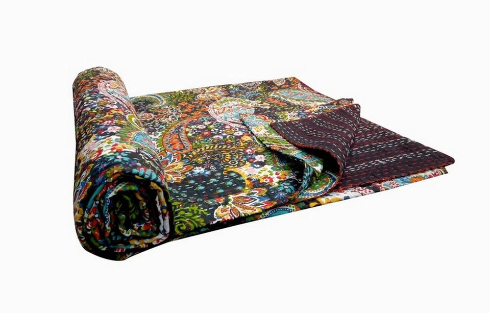 Colcha edredón Kantha de algodón con estampado floral indio tamaño cama doble Foto 4 de 4