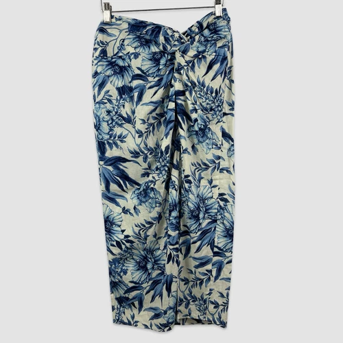 H&M NWT Womens Size 6 Pencil Skirt Linen Blend Blue White Floral Front Slit