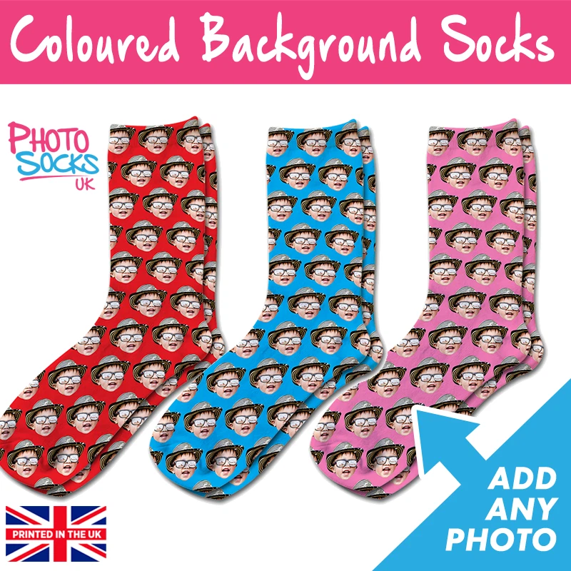 Coloured Background Photo Socks Add Any Photo Choose Any Colour Great Xmas Gift