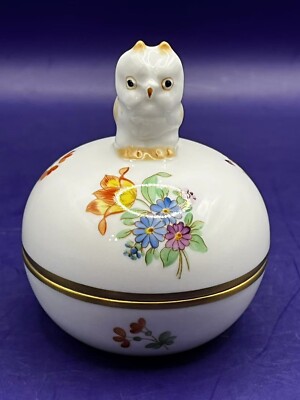 Herend Porzellan handbemalte Eulenfigur Schmuckschatulle 3,1 Zoll selten #6034