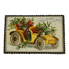 Vintage Christmas Postcard Glass Covered Metal Frame Old Car Printed in Germany