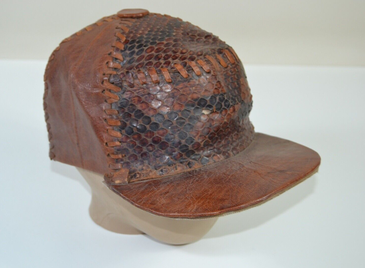 VTG Handmade Real Python Leather Snakeskin Cap Ex… - image 1
