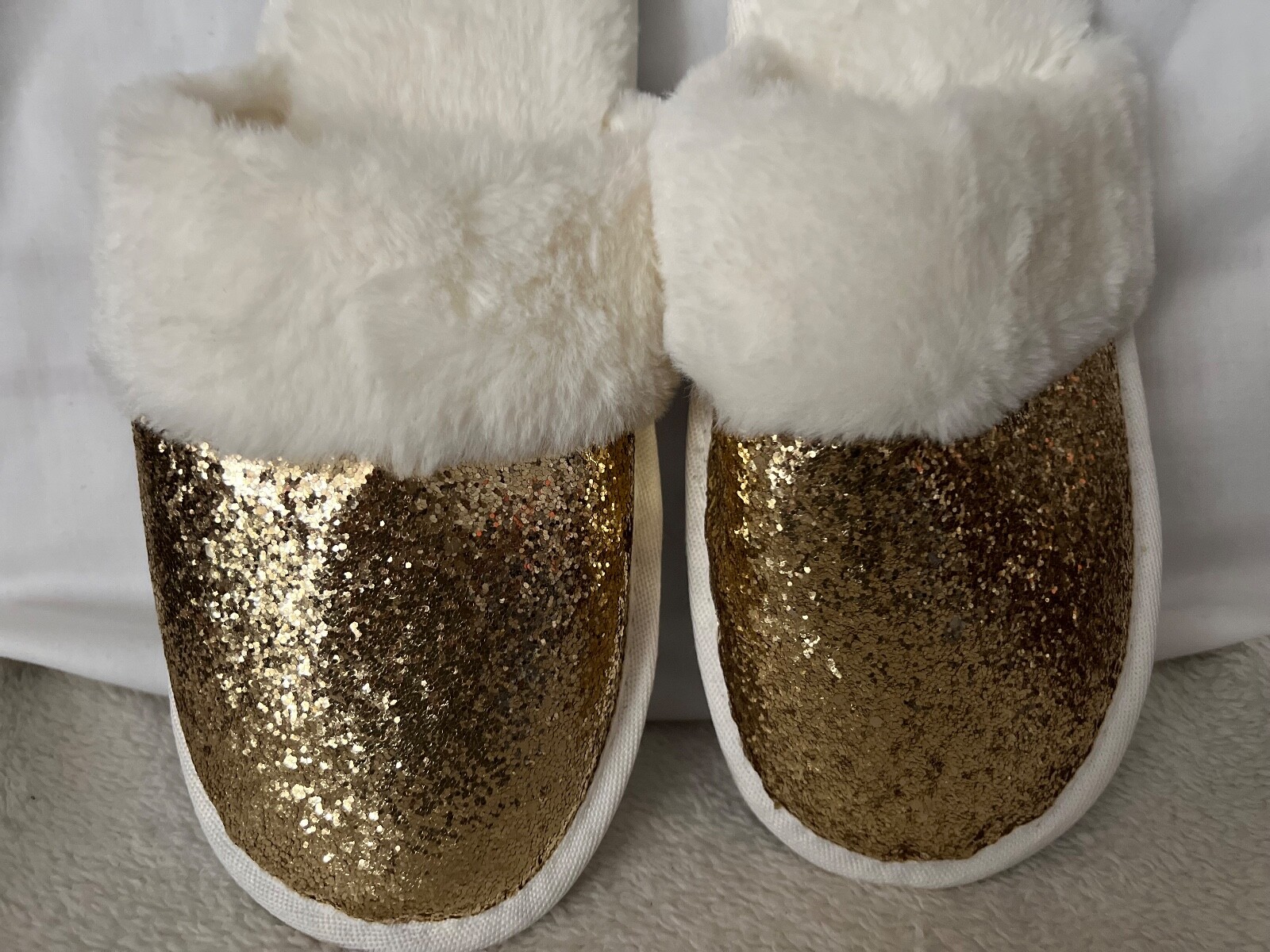 PANTOFOLA D’ORO Pantofole donna peluche bianco oro GLITTER e scintillanti taglia XL 11 12.