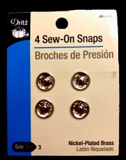 Dritz SIZE 3 Sew-on Snaps 80-3-65 Nickel-Plated Brass 4 Ct. Pkg.