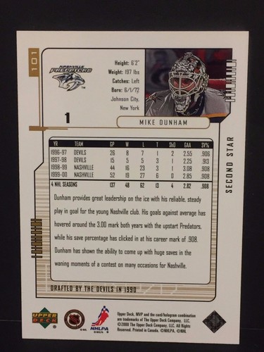 Mike Dunham 2000-01 Upper Deck MVP Second Star SP #101 Serial #d /100 Predators - Picture 2 of 2