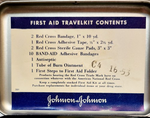 Vintage Johnson & Johnson First Aid Kit Metal Box With Bandaids Gauze And More! - Picture 5 of 10