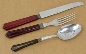 Lot of 3 Brown BAKELITE Catalin Knife Fork Spoon Flatware