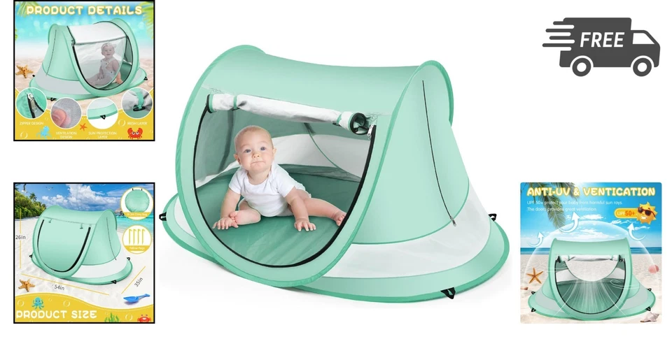 Barraca de praia bebê pop-up proteção UV sombra solar com mosquiteiro portátil viagem - Imagem 2 de 4