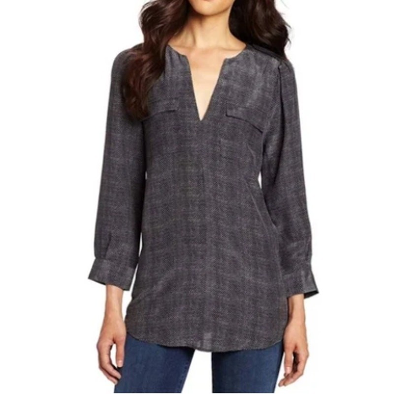 Joie Size S 100% Silk Gray Marled 3/4 Sleeve Top Blouse Career V-Neck Office