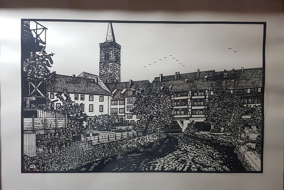 Kurt Römhild Erfurt Blick zur Krämerbrücke mit Gera Hand-Siebdruck gerahmt DDR - Bild 2 von 4
