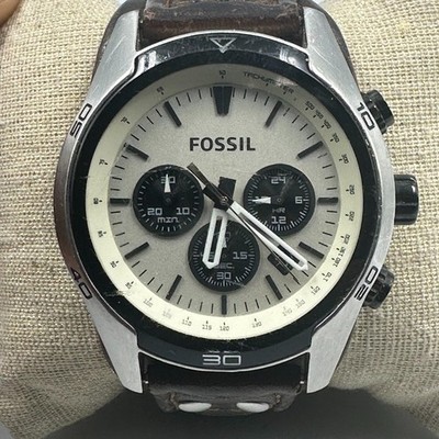 Fossil Coachman Chronograph Watch Men Cream Dial Leather Strap Band New Battery