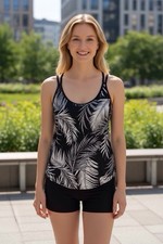 Athleta 36B/C Black And White Sandy Beach Blousy Tankini Top Swim Banded Bottom