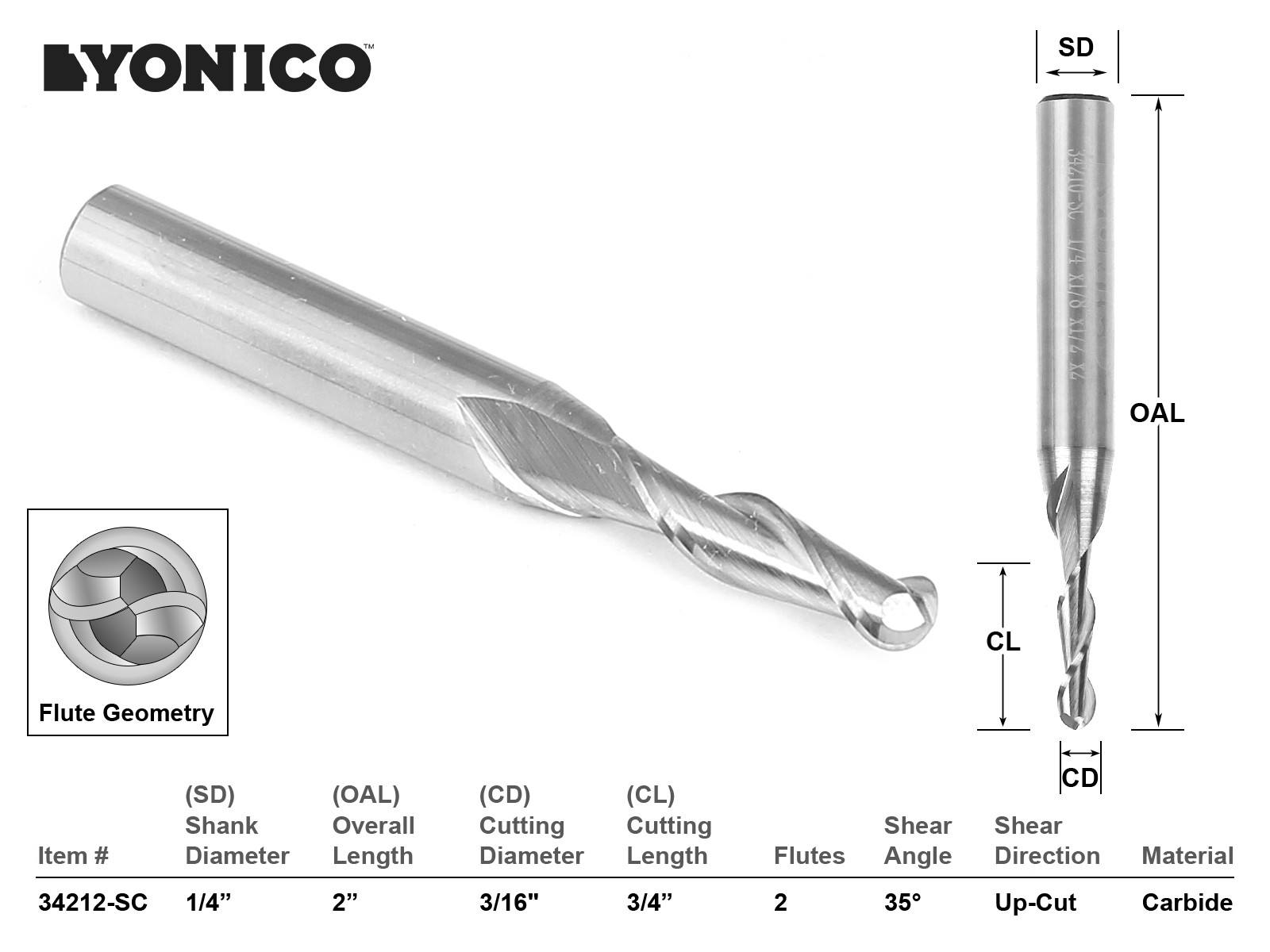 3/16" Dia. 2 Flute Ball Nose CNC Router Bit - 1/4" Shank - Yonico 34212-SC