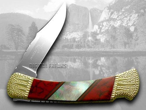 Buck 110 Painted Pony Folding Hunter Knife Mother of Pearl & Red Jasper 1/50 - Image 2 of 4