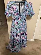 NWOT PLUS Empire Wst Maxi Dress Pale Blue wViolet, Pink, Navy, Green Florals 2X