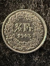 1943 B Switzerland 1/2 Franc GREAT 83.5% SILVER COIN! SHIPS FREE! KM# 23 (1)