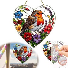 Robin Bird Flowers Heart Shaped Suncatcher Stained Glass Effect Home Decor Gift