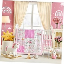 Patchwork Rainbow Plaid Floral Design 3 Pieces Crib Bedding Set Rainbow-pink