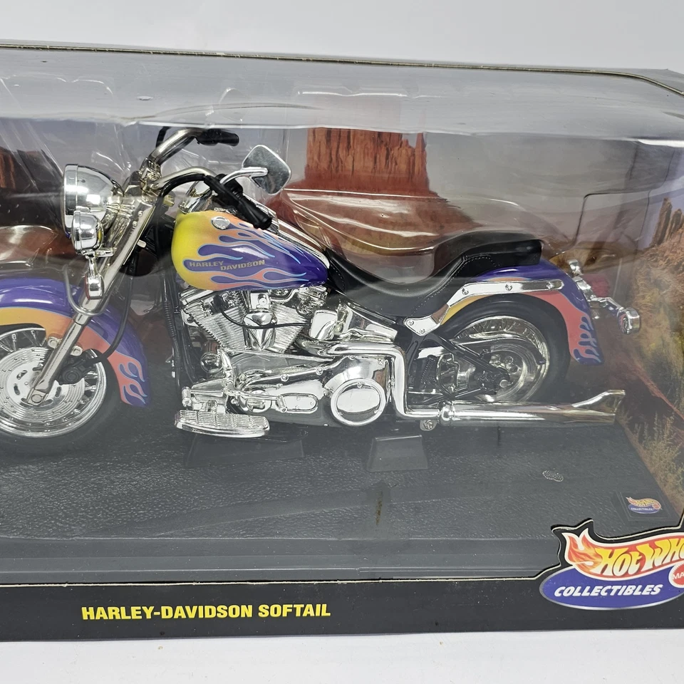 Harley Davidson Softail 1999 Hot Wheels, Purple Flames 1:10 Diecast Bonus Wallet Foto 3 de 4