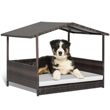 Wicker Dog House w/ Cushion Lounge Raised Rattan Bed for Indoor/Outdoor White