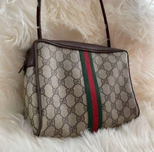 GUCCI GG Sherry Line Shoulder Bag Ziplock Leather PVC Brown Beige Gold Hardware